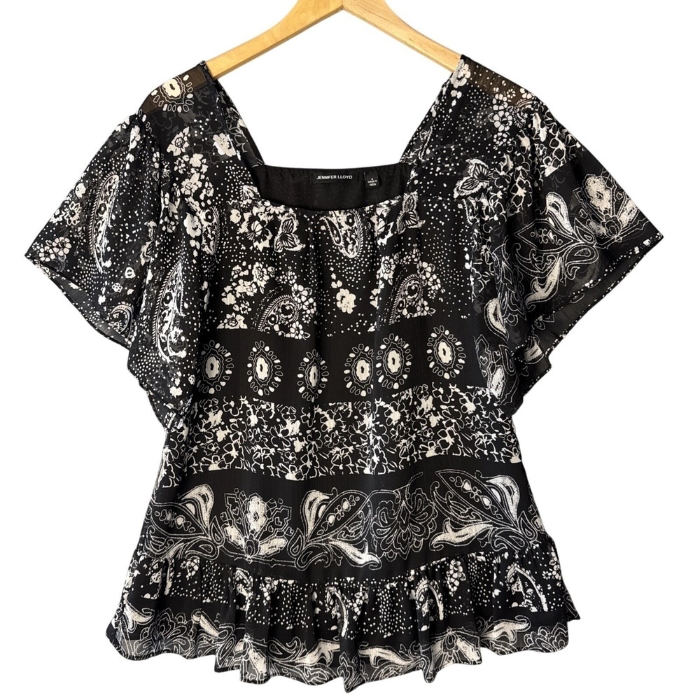 Jennifer‎ Lloyd Blouse Women S Black White Paisley Flutter Sleeve Peplum Chiffon